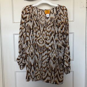 Ruby Rd. Women's Geometric Blouse in Gray, Black, Orange, Gold and Brown Size L